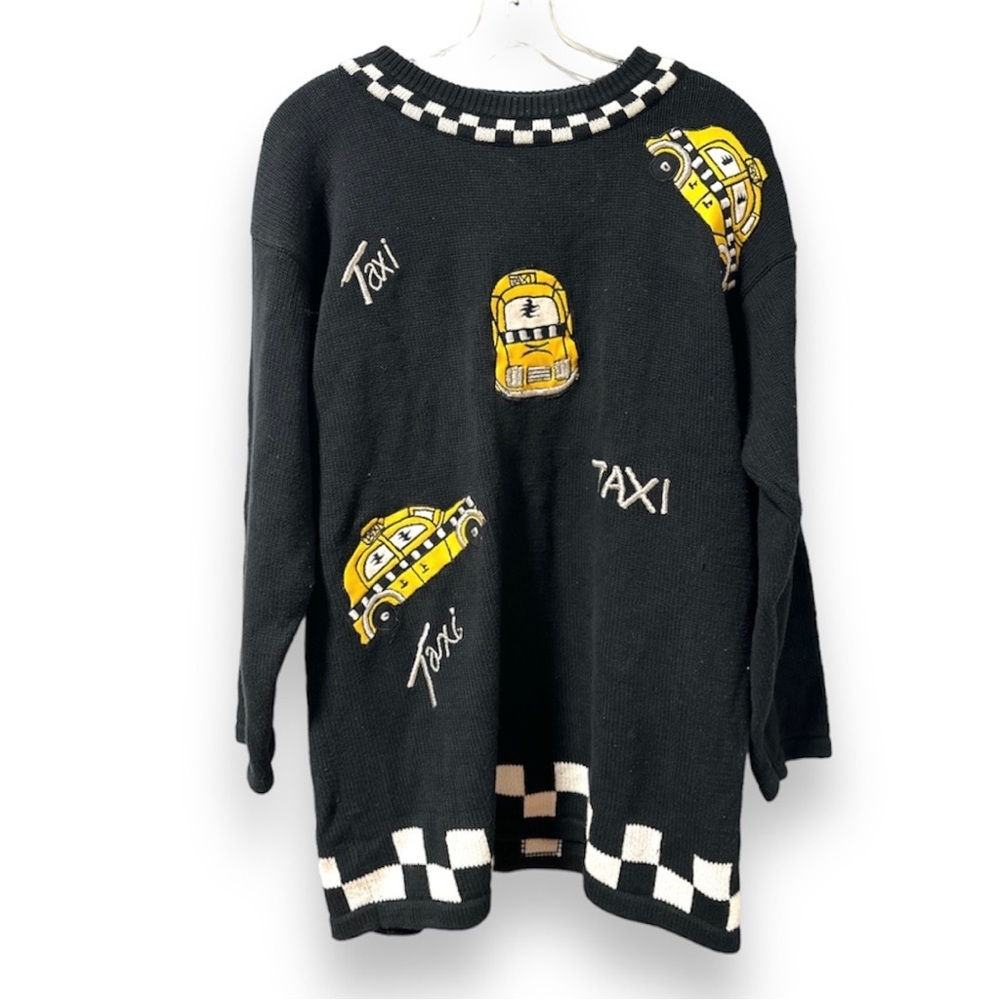 Vintage 80s Novelty Black Taxi Checkered Embroidered Sweater Women’s Size Medium